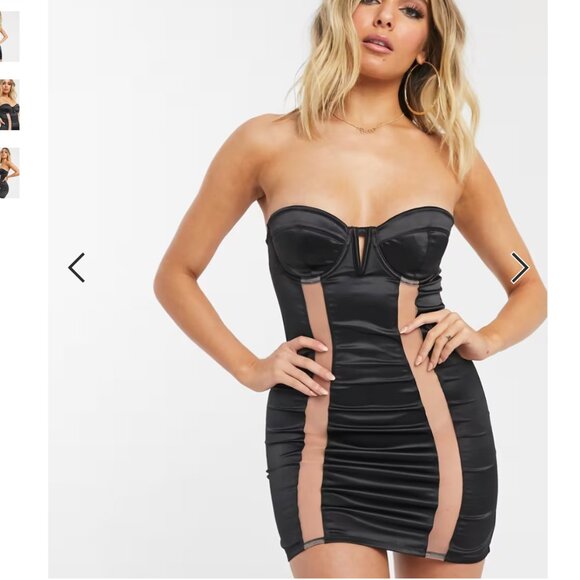 *2 AVAILABLE* ASOS DESIGN black satin mini dress mesh panels 32D - Picture 1 of 3